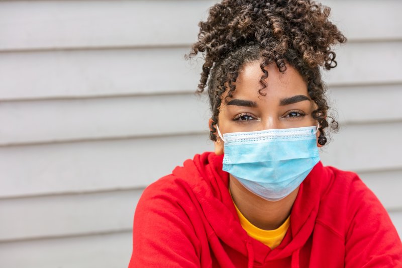 Closeup of woman wearing face mask